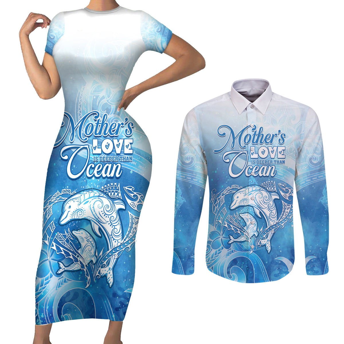 Mother's Love Is Deeper Than Ocean Couples Matching Short Sleeve Bodycon Dress and Long Sleeve Button Shirt Polynesian Style LT05 Blue - Polynesian Pride