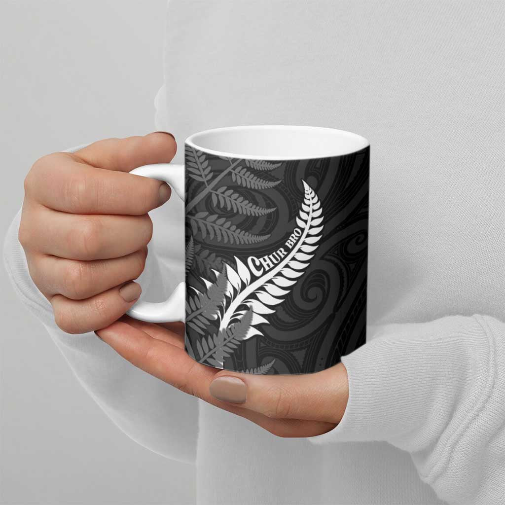 Personalised New Zealand Chur Bro Ceramic Mug Maori Koru With Silver Fern