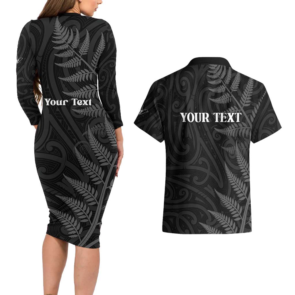 Personalised New Zealand Chur Bro Couples Matching Long Sleeve Bodycon Dress and Hawaiian Shirt Maori Koru With Silver Fern LT05 - Polynesian Pride