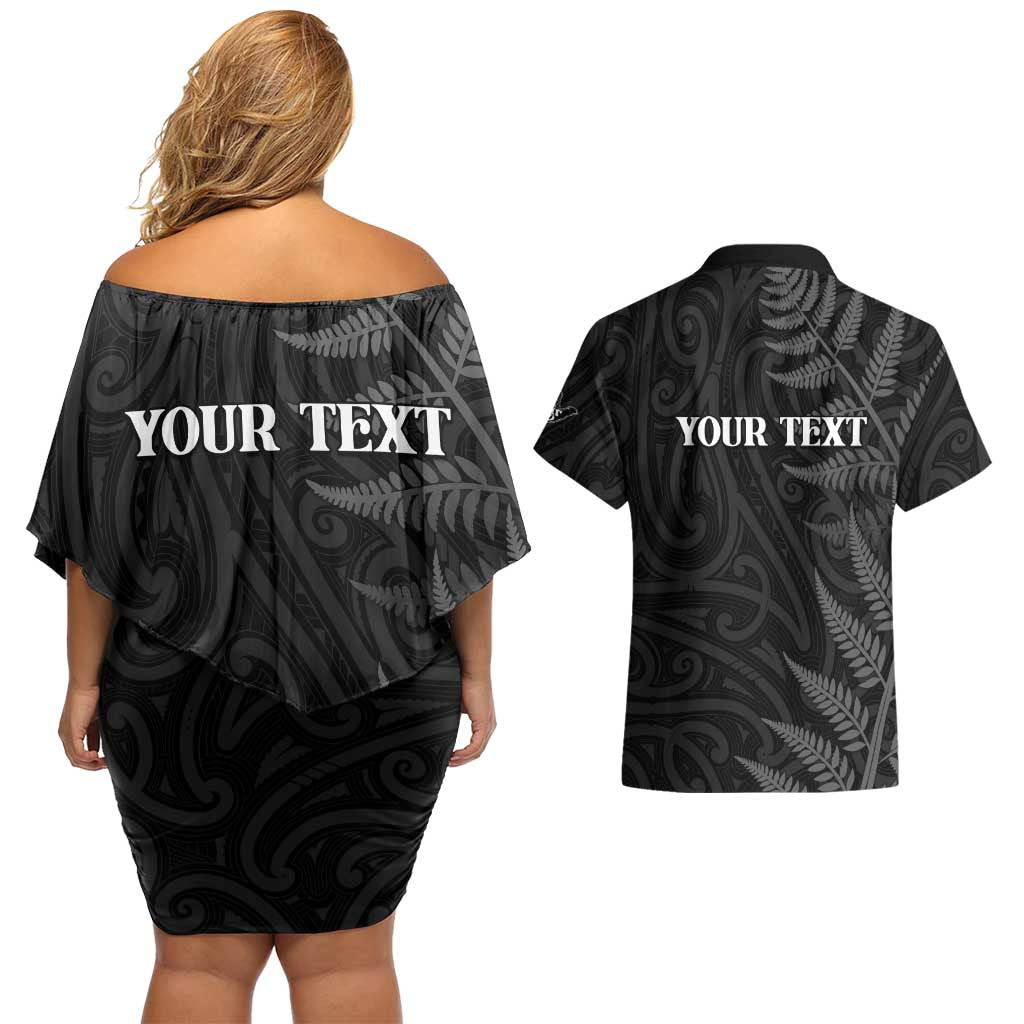 Personalised New Zealand Chur Bro Couples Matching Off Shoulder Short Dress and Hawaiian Shirt Maori Koru With Silver Fern LT05 - Polynesian Pride