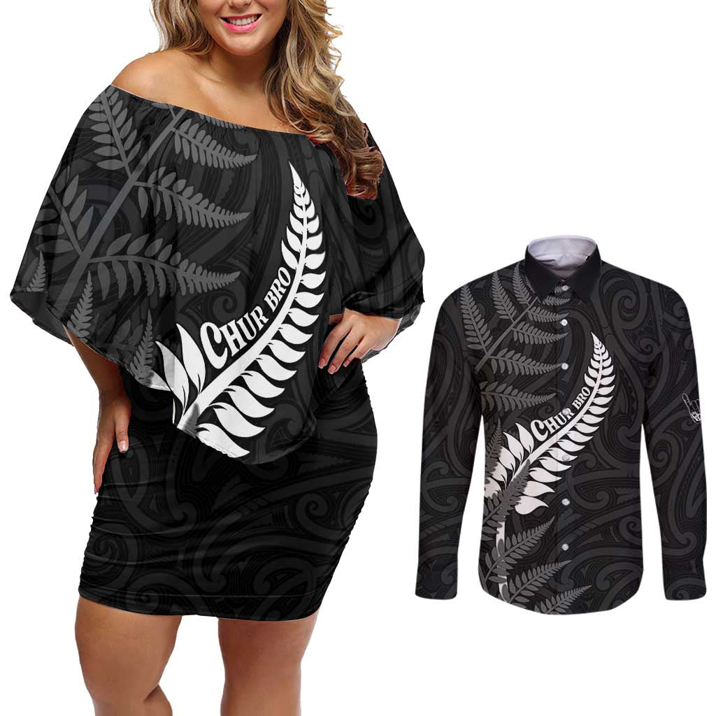 Personalised New Zealand Chur Bro Couples Matching Off Shoulder Short Dress and Long Sleeve Button Shirt Maori Koru With Silver Fern