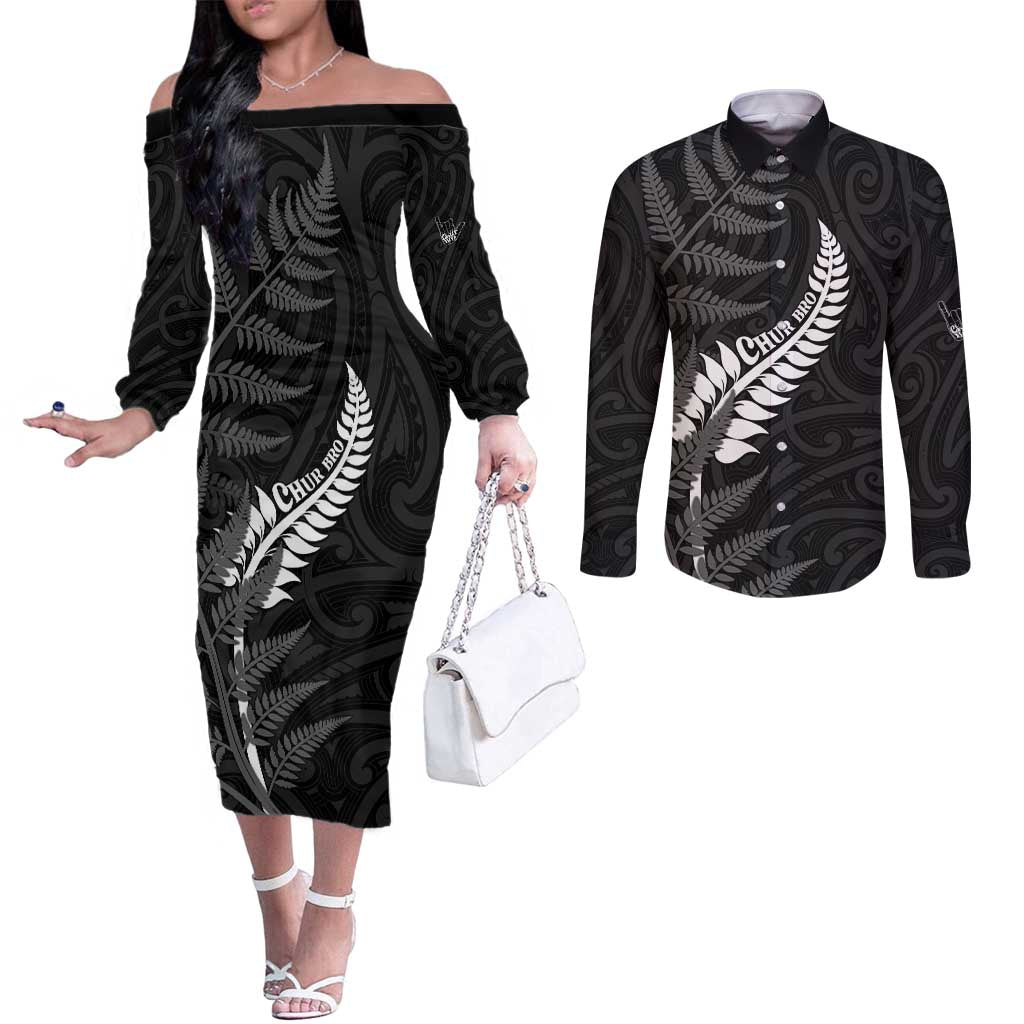 Personalised New Zealand Chur Bro Couples Matching Off The Shoulder Long Sleeve Dress and Long Sleeve Button Shirt Maori Koru With Silver Fern LT05 Black - Polynesian Pride