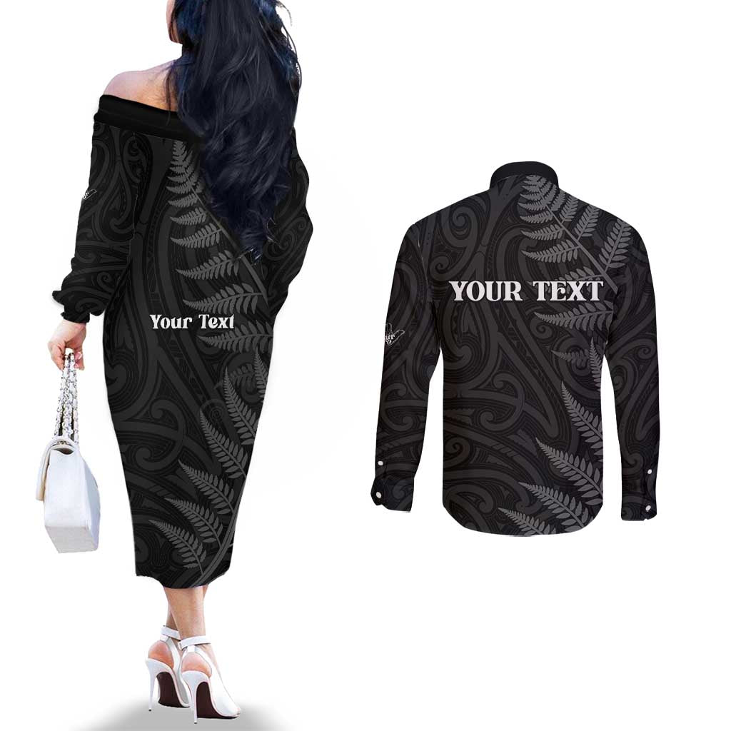 Personalised New Zealand Chur Bro Couples Matching Off The Shoulder Long Sleeve Dress and Long Sleeve Button Shirt Maori Koru With Silver Fern LT05 - Polynesian Pride