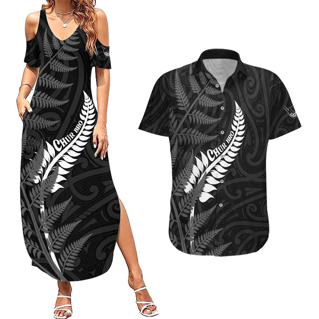 Personalised New Zealand Chur Bro Couples Matching Summer Maxi Dress and Hawaiian Shirt Maori Koru With Silver Fern LT05 Black - Polynesian Pride