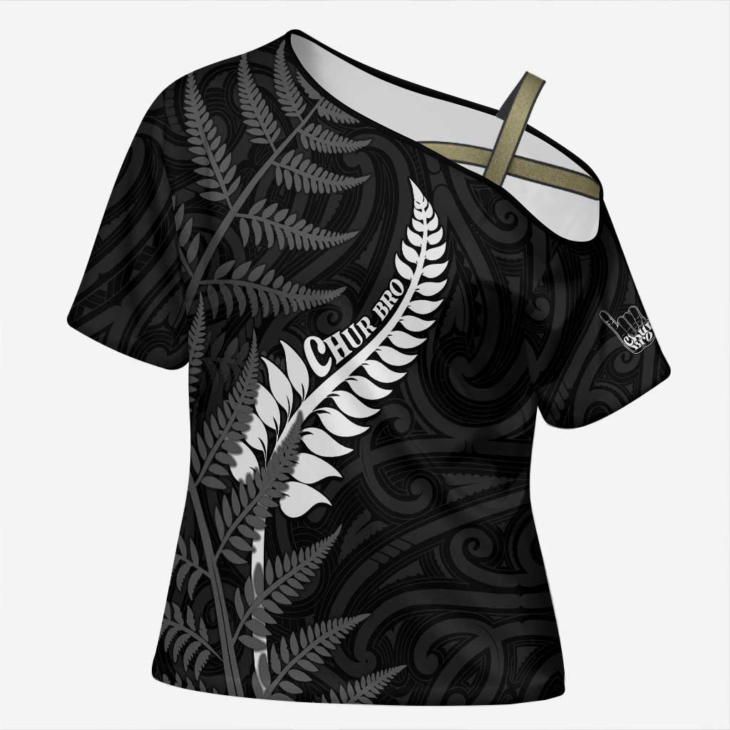 Personalised New Zealand Chur Bro Cross Shoulder Shirt Maori Koru With Silver Fern