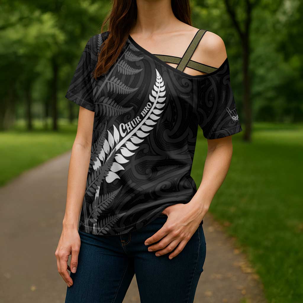 Personalised New Zealand Chur Bro Cross Shoulder Shirt Maori Koru With Silver Fern