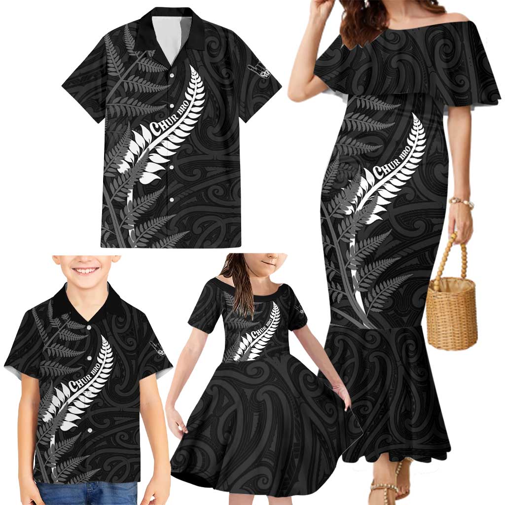 Personalised New Zealand Chur Bro Family Matching Mermaid Dress and Hawaiian Shirt Maori Koru With Silver Fern LT05 - Polynesian Pride