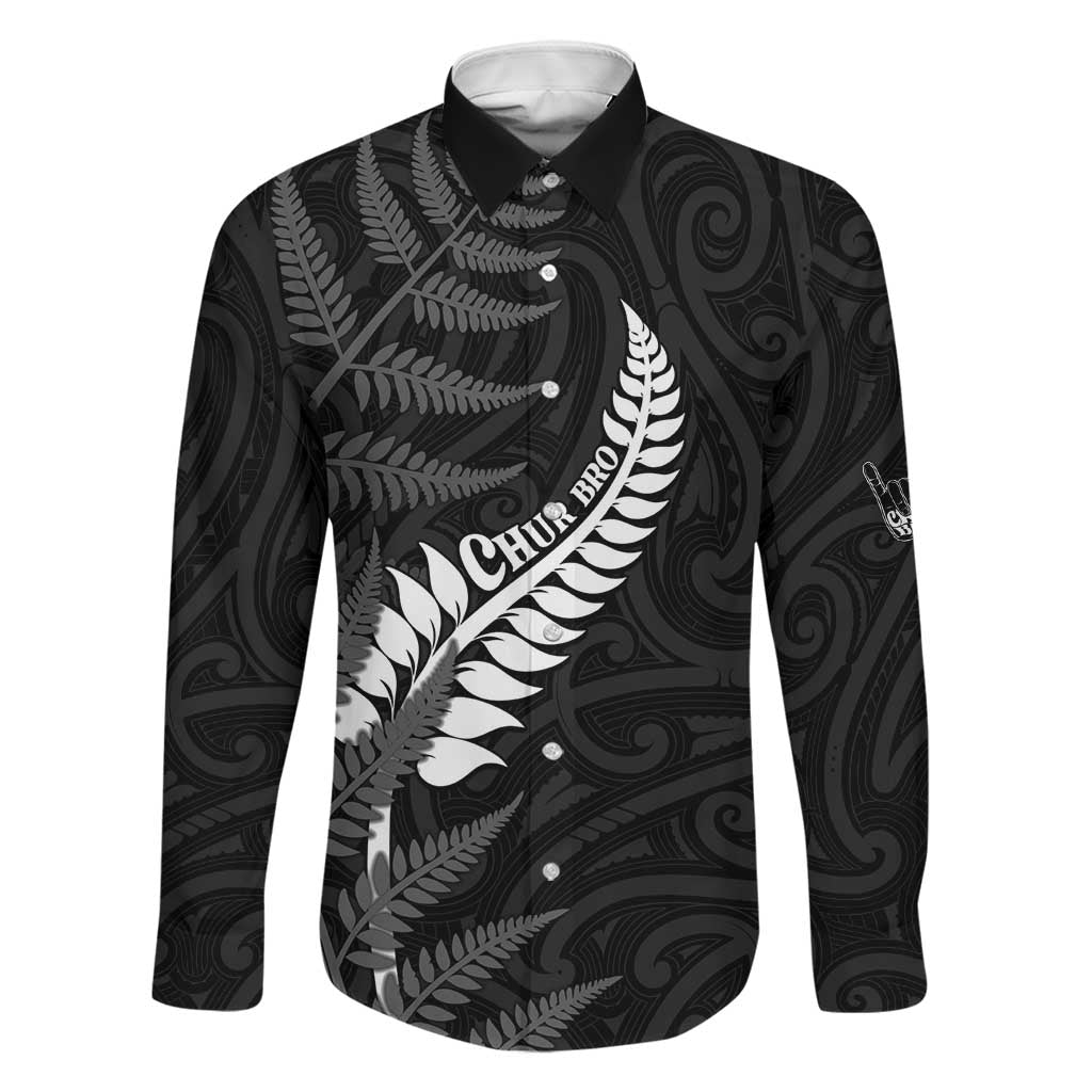 Personalised New Zealand Chur Bro Family Matching Mermaid Dress and Hawaiian Shirt Maori Koru With Silver Fern LT05 Dad's Shirt - Long Sleeve Black - Polynesian Pride