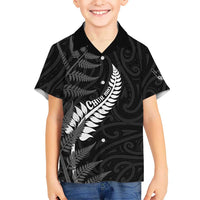 Personalised New Zealand Chur Bro Family Matching Off The Shoulder Long Sleeve Dress and Hawaiian Shirt Maori Koru With Silver Fern LT05 Son's Shirt Black - Polynesian Pride