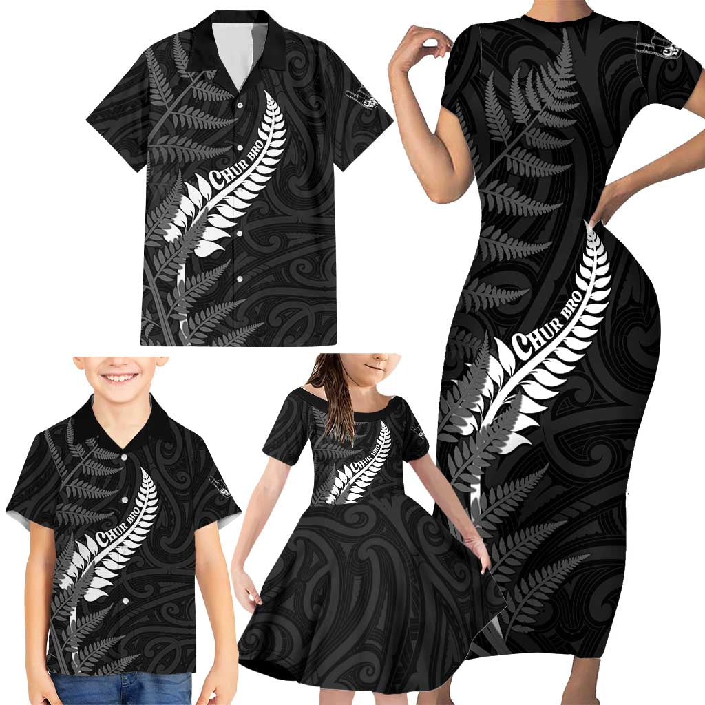 Personalised New Zealand Chur Bro Family Matching Short Sleeve Bodycon Dress and Hawaiian Shirt Maori Koru With Silver Fern LT05 - Polynesian Pride