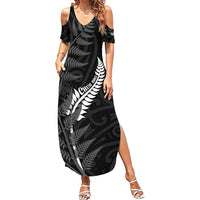 Personalised New Zealand Chur Bro Family Matching Summer Maxi Dress and Hawaiian Shirt Maori Koru With Silver Fern LT05 Mom's Dress Black - Polynesian Pride