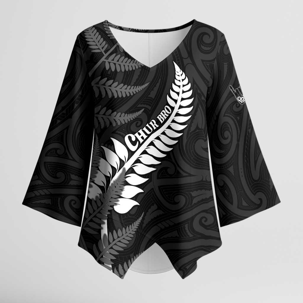 Personalised New Zealand Chur Bro Kimono Sleeve Blouse Maori Koru With Silver Fern