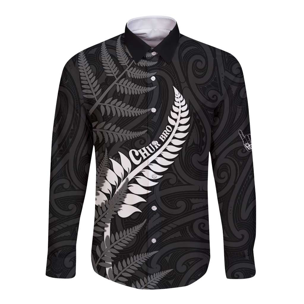 Personalised New Zealand Chur Bro Long Sleeve Button Shirt Maori Koru With Silver Fern