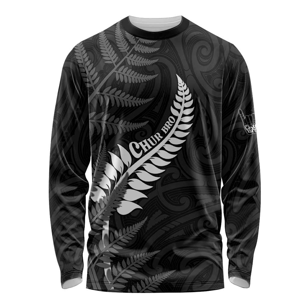 Personalised New Zealand Chur Bro Long Sleeve Shirt Maori Koru With Silver Fern