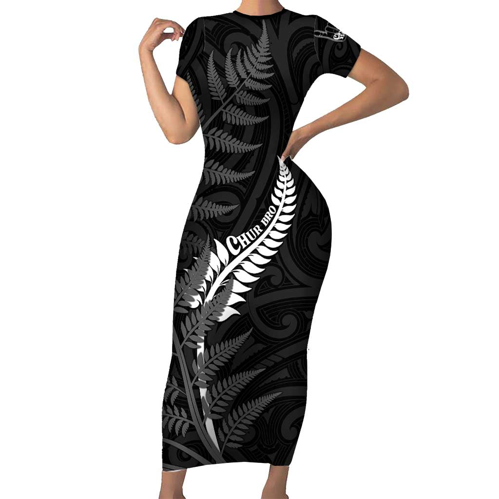 Personalised New Zealand Chur Bro Short Sleeve Bodycon Dress Maori Koru With Silver Fern