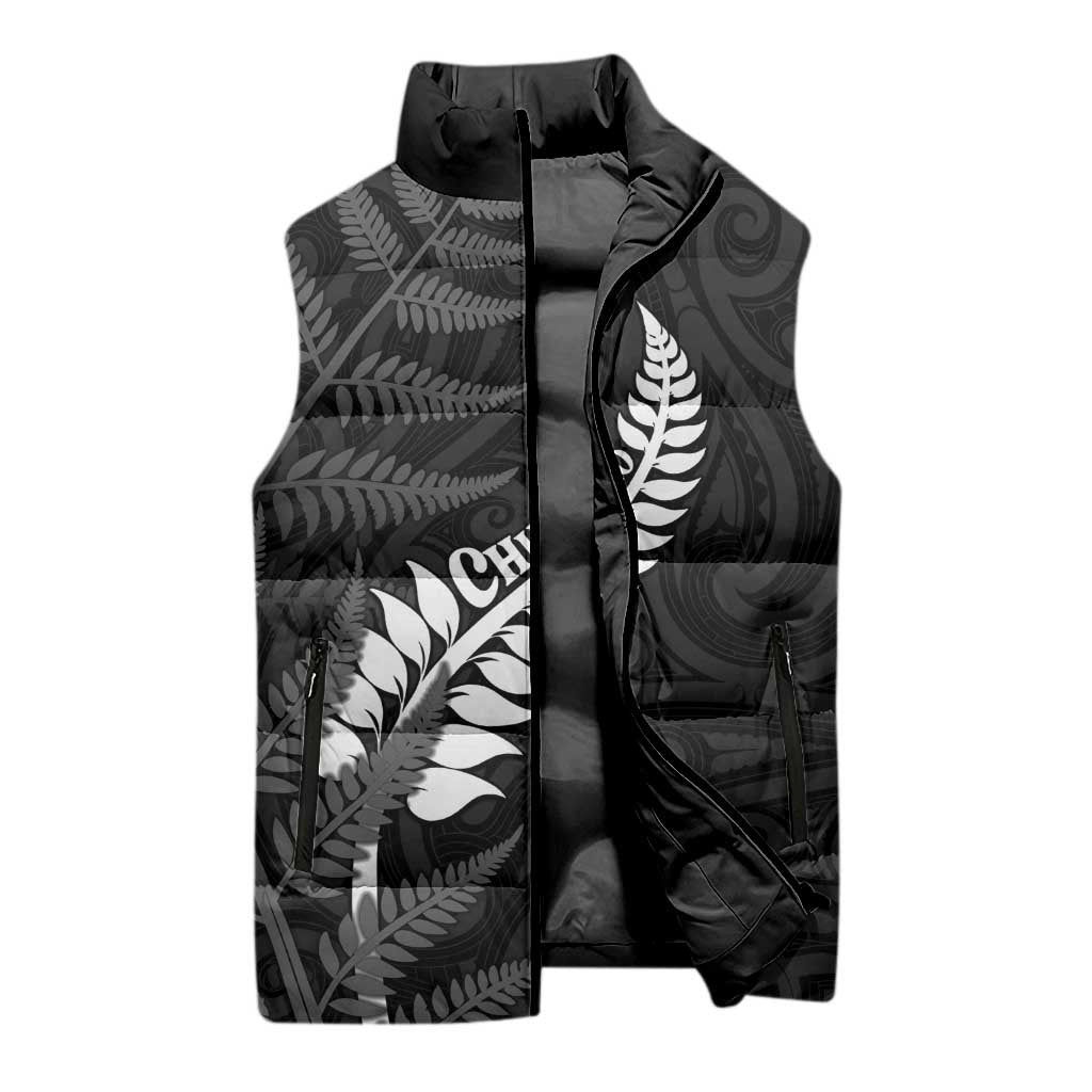 Personalised New Zealand Chur Bro Sleeveless Puffer Jacket Maori Koru With Silver Fern