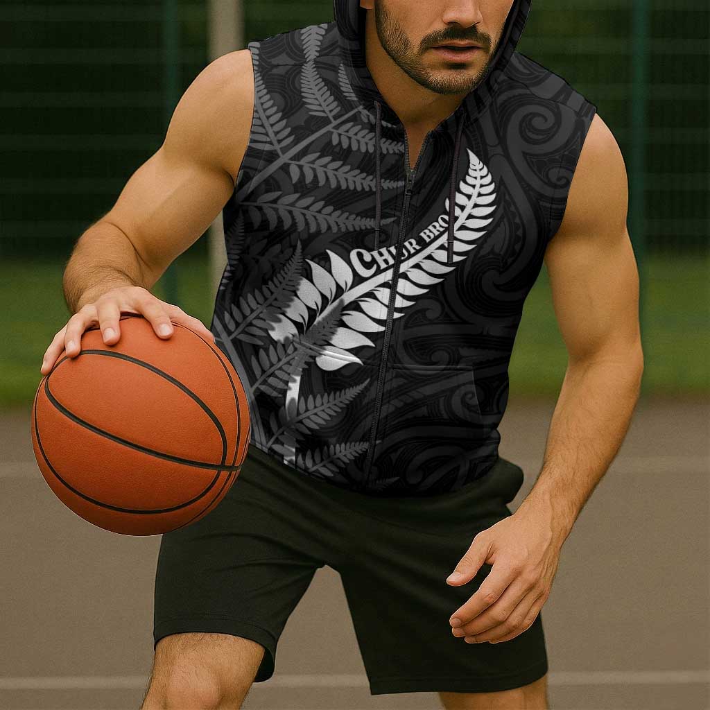 Personalised New Zealand Chur Bro Sleeveless Zip Hoodie Maori Koru With Silver Fern