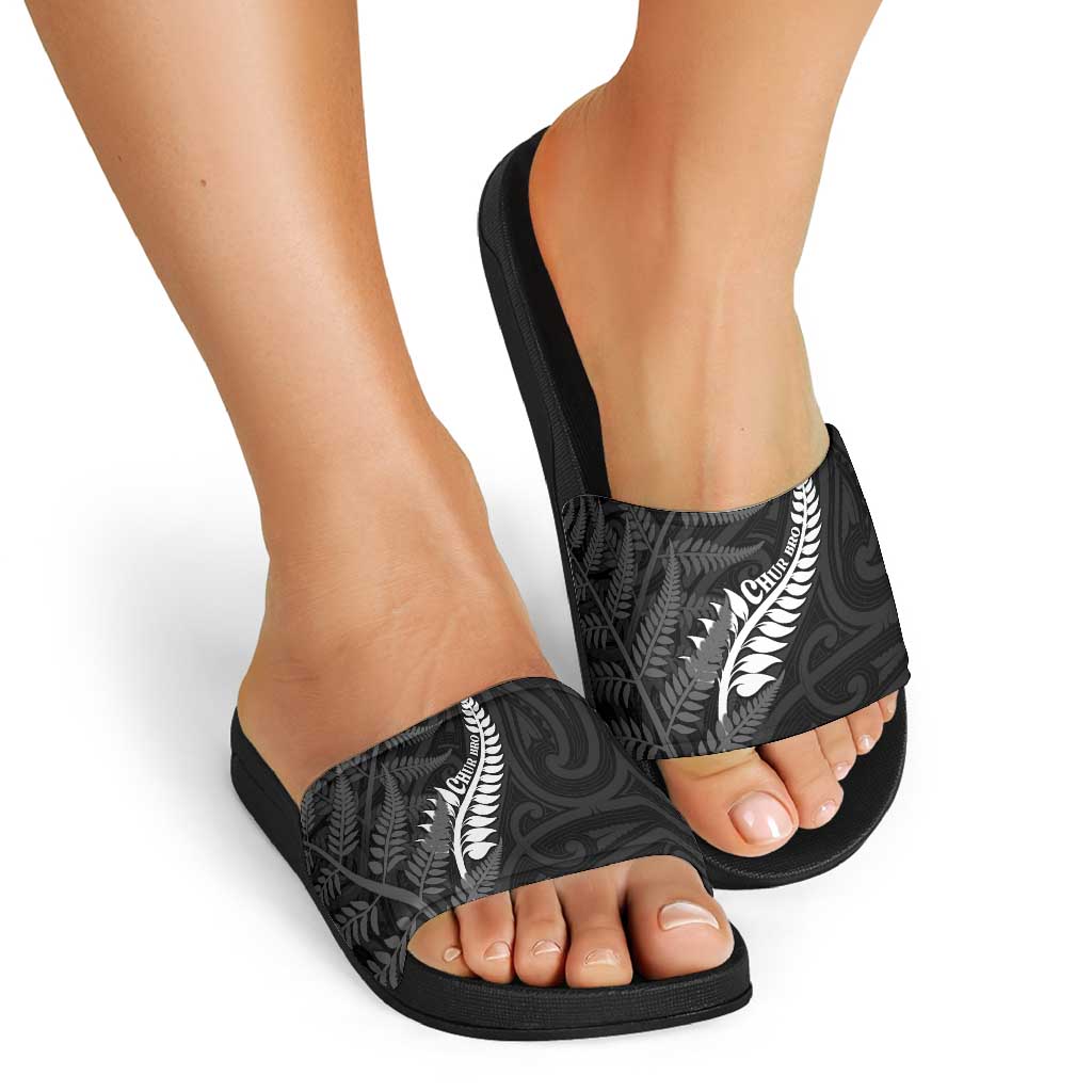 New Zealand Chur Bro Slide Sandals Maori Koru With Silver Fern