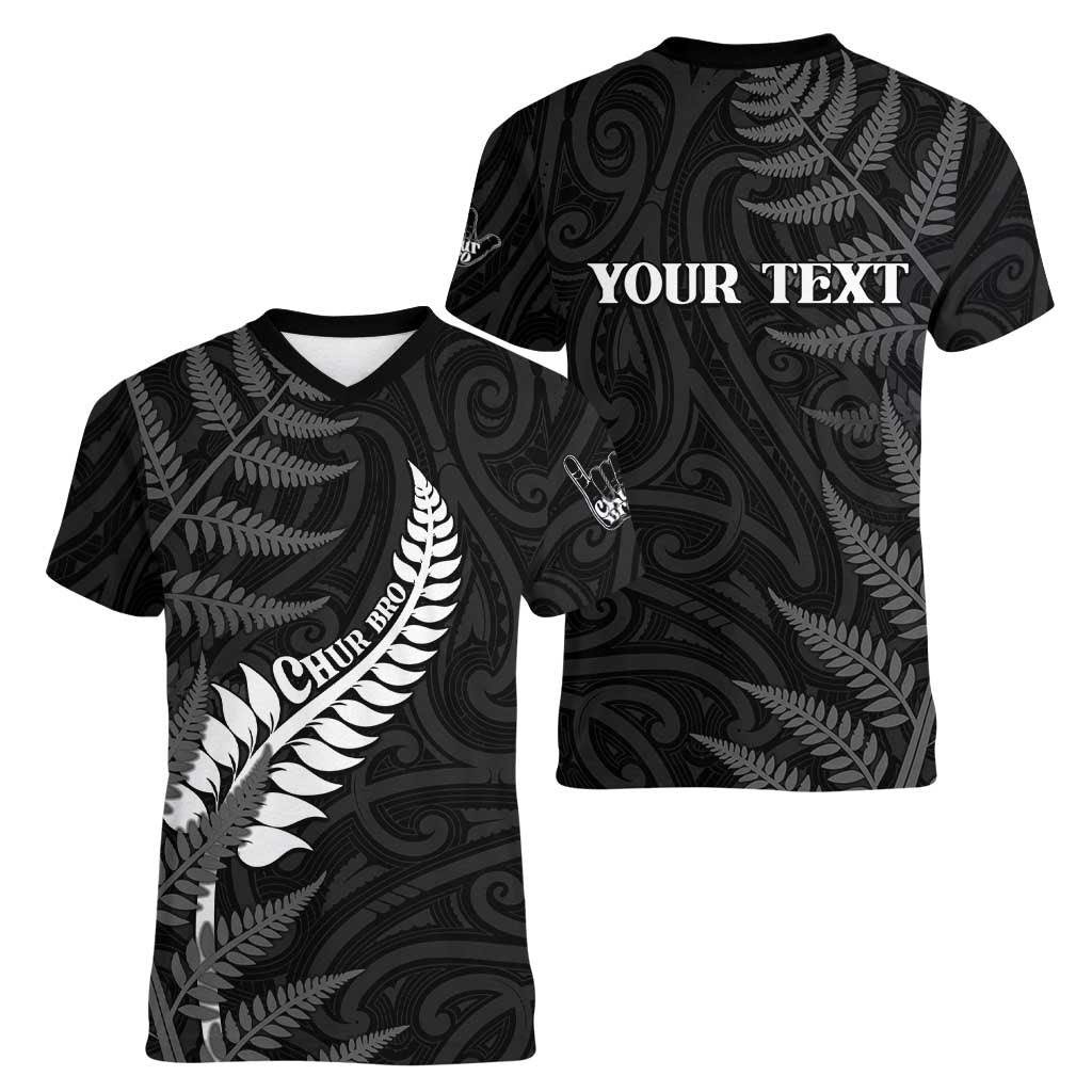 Personalised New Zealand Chur Bro Women V-Neck T-Shirt Maori Koru With Silver Fern LT05 - Polynesian Pride