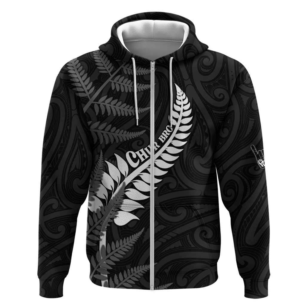 Personalised New Zealand Chur Bro Zip Hoodie Maori Koru With Silver Fern