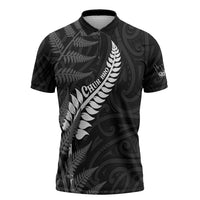 Personalised New Zealand Chur Bro Zipper Polo Shirt Maori Koru With Silver Fern LT05 Black - Polynesian Pride