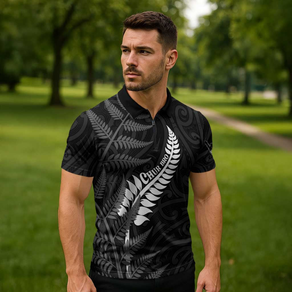 Personalised New Zealand Chur Bro Zipper Polo Shirt Maori Koru With Silver Fern LT05 - Polynesian Pride