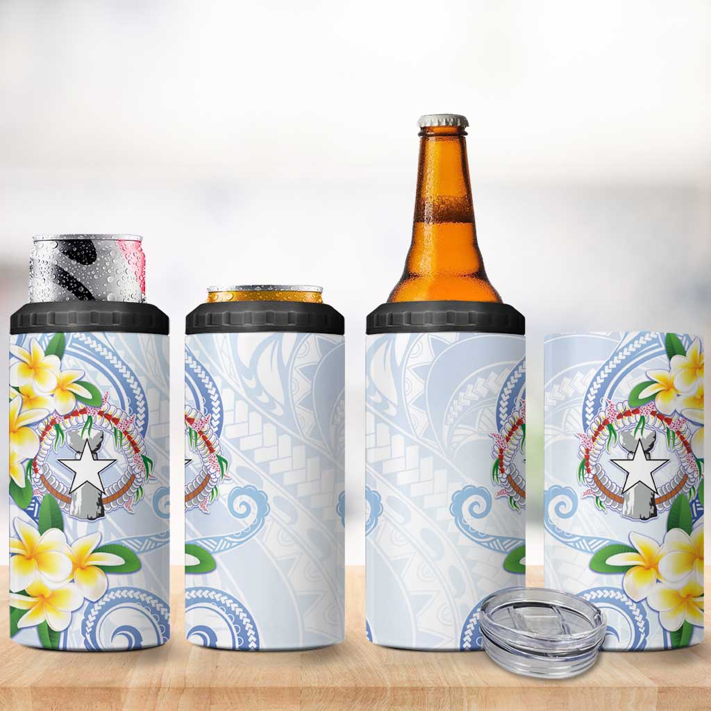 Northern Mariana Islands Chamorro 4 in 1 Can Cooler Tumbler Plumeria Curves Style White Version