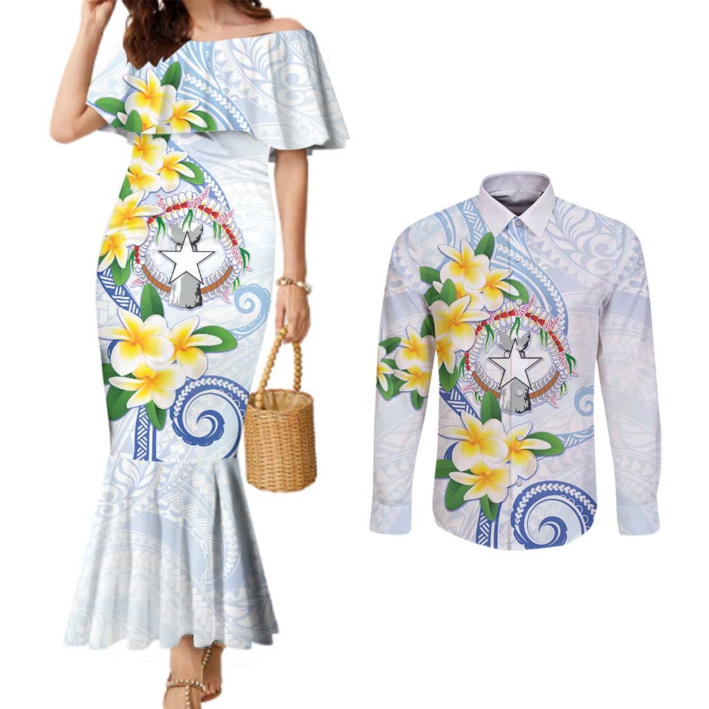 Northern Mariana Islands Chamorro Couples Matching Mermaid Dress and Long Sleeve Button Shirt Plumeria Curves Style White Version LT05 White - Polynesian Pride
