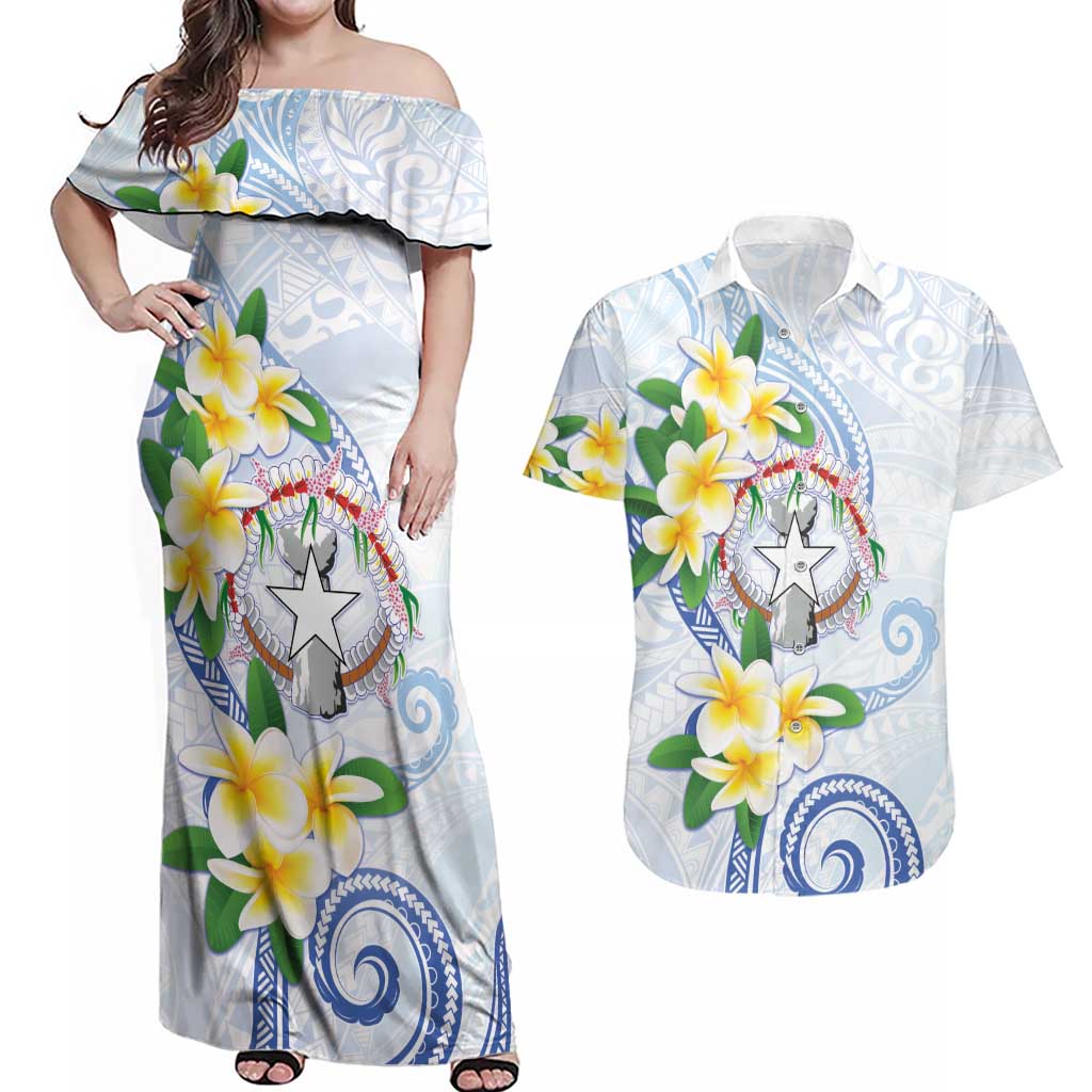 Northern Mariana Islands Chamorro Couples Matching Off Shoulder Maxi Dress and Hawaiian Shirt Plumeria Curves Style White Version