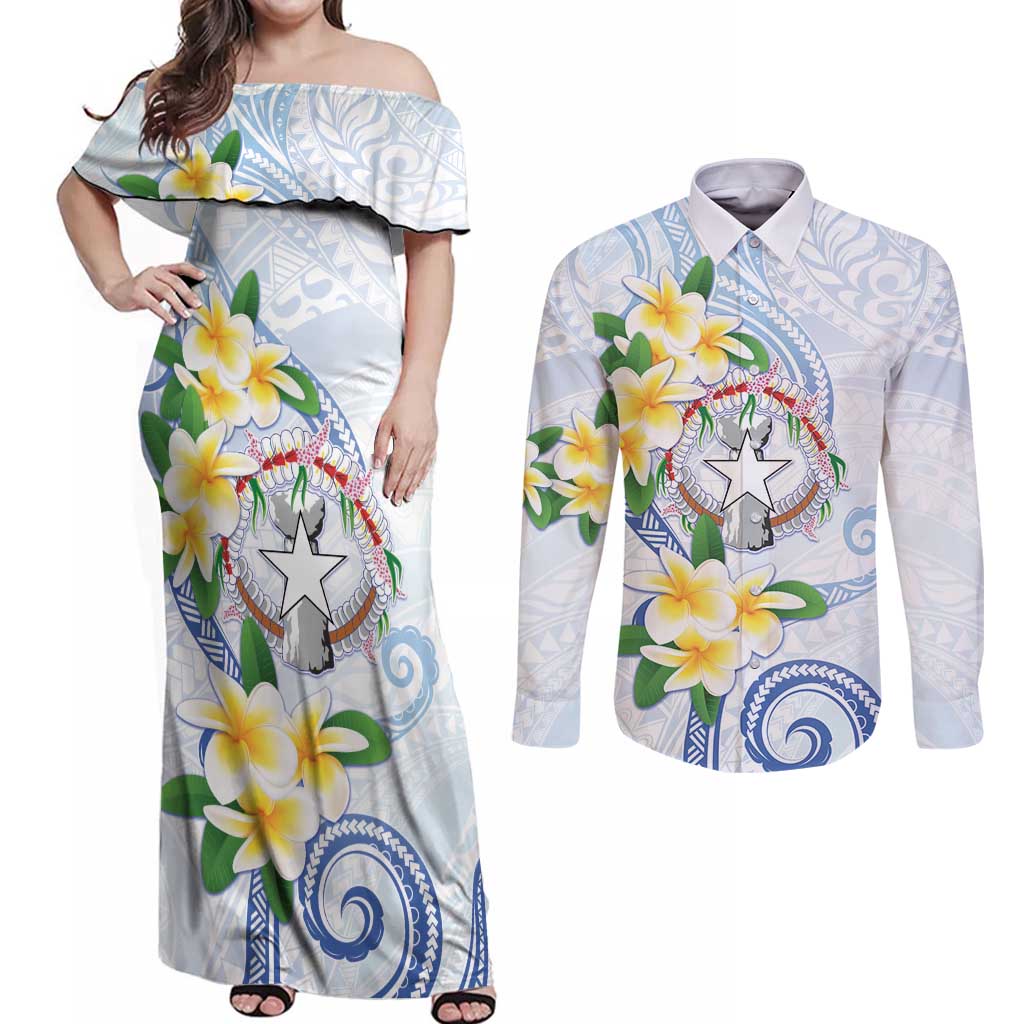 Northern Mariana Islands Chamorro Couples Matching Off Shoulder Maxi Dress and Long Sleeve Button Shirt Plumeria Curves Style White Version
