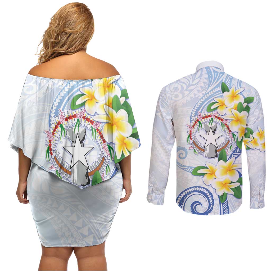 Northern Mariana Islands Chamorro Couples Matching Off Shoulder Short Dress and Long Sleeve Button Shirt Plumeria Curves Style White Version