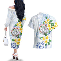 Northern Mariana Islands Chamorro Couples Matching Off The Shoulder Long Sleeve Dress and Hawaiian Shirt Plumeria Curves Style White Version