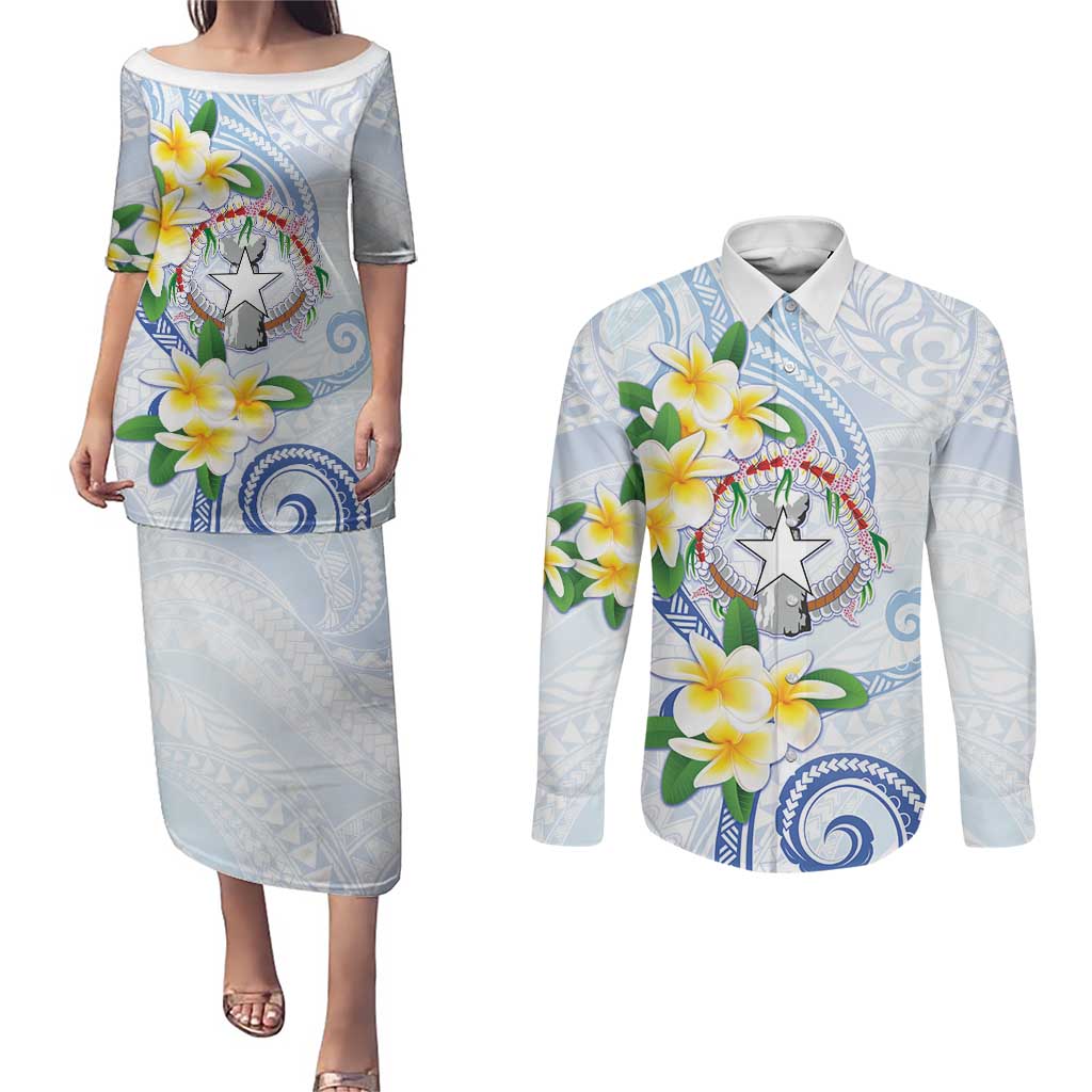 Northern Mariana Islands Chamorro Couples Matching Puletasi and Long Sleeve Button Shirt Plumeria Curves Style White Version LT05 White - Polynesian Pride