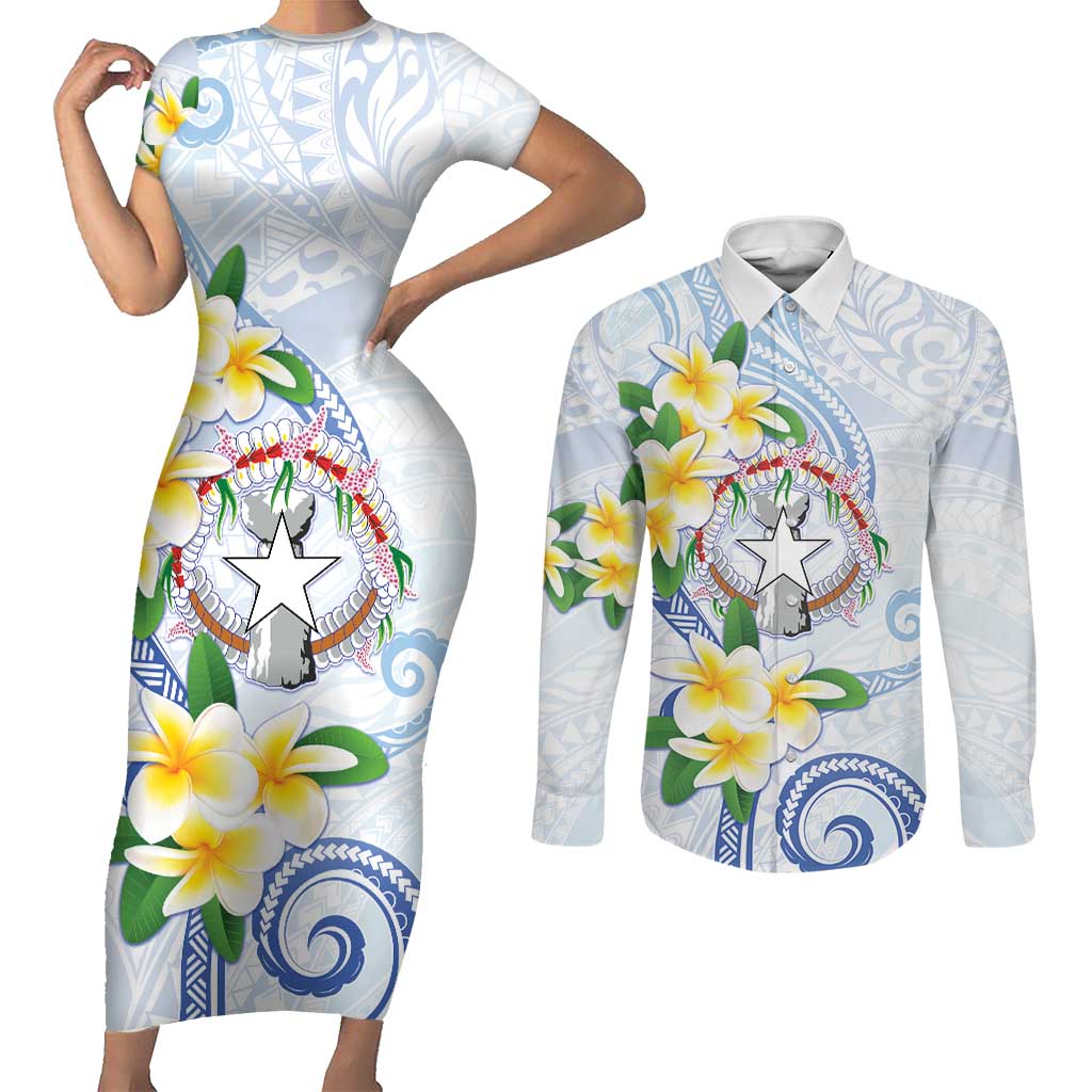 Northern Mariana Islands Chamorro Couples Matching Short Sleeve Bodycon Dress and Long Sleeve Button Shirt Plumeria Curves Style White Version