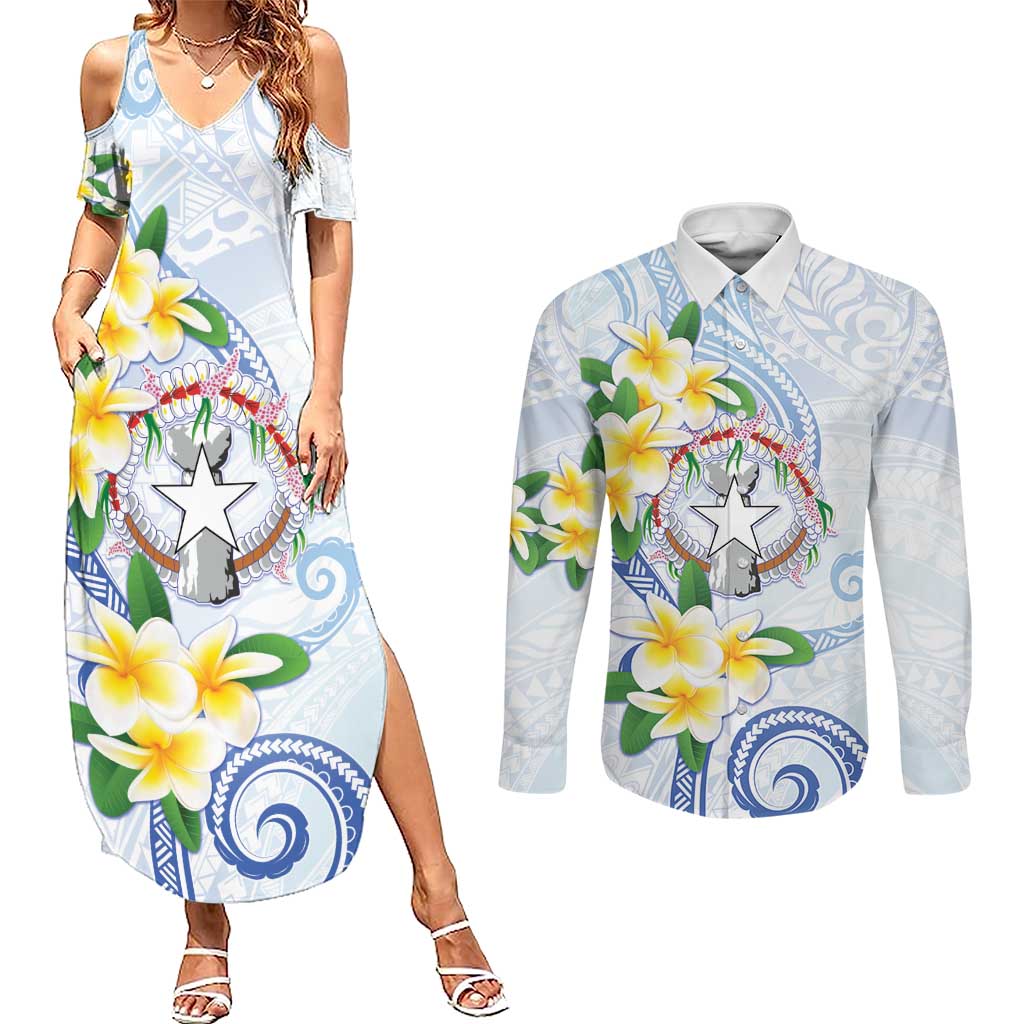 Northern Mariana Islands Chamorro Couples Matching Summer Maxi Dress and Long Sleeve Button Shirt Plumeria Curves Style White Version LT05 White - Polynesian Pride