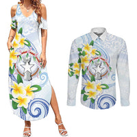 Northern Mariana Islands Chamorro Couples Matching Summer Maxi Dress and Long Sleeve Button Shirt Plumeria Curves Style White Version LT05 White - Polynesian Pride