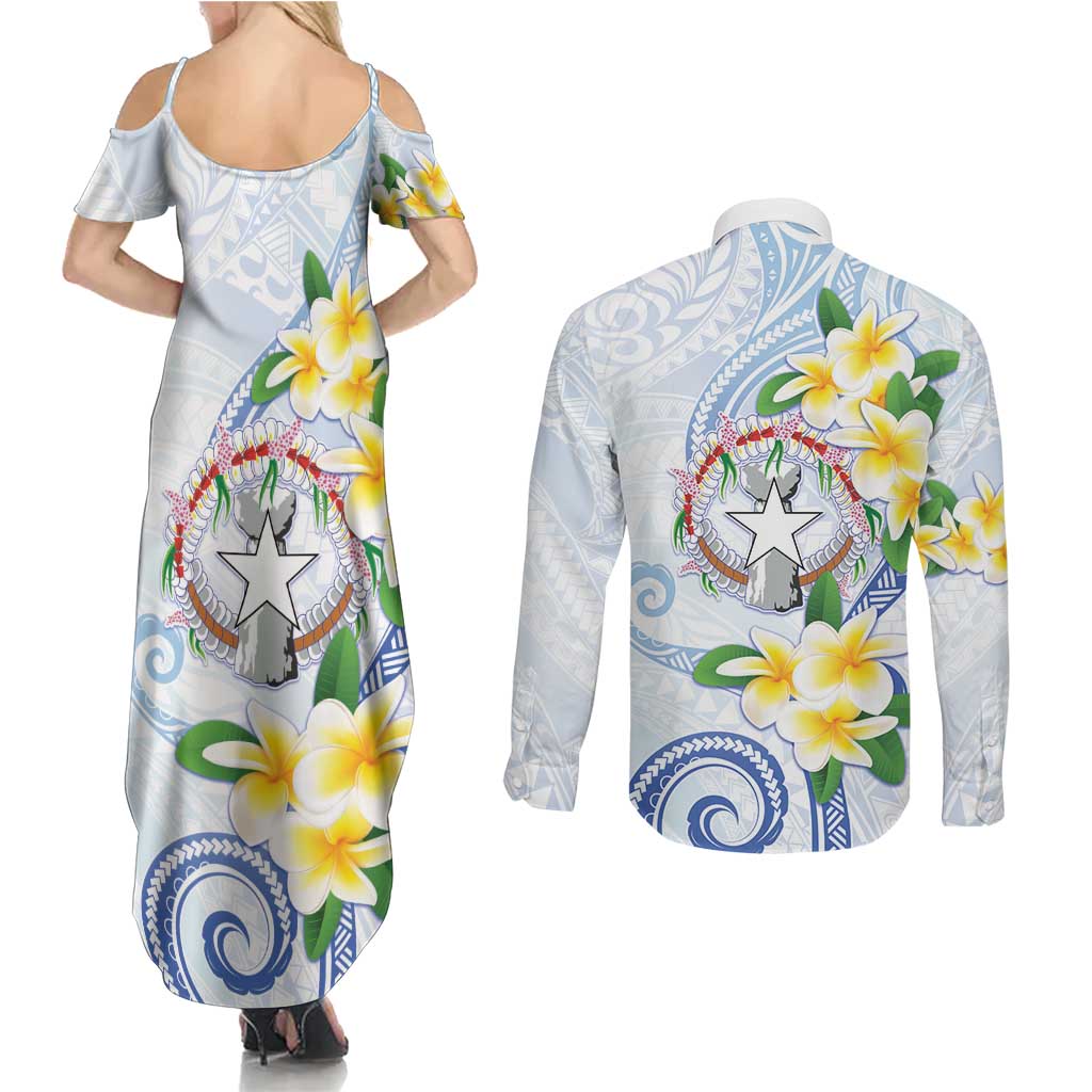 Northern Mariana Islands Chamorro Couples Matching Summer Maxi Dress and Long Sleeve Button Shirt Plumeria Curves Style White Version LT05 - Polynesian Pride