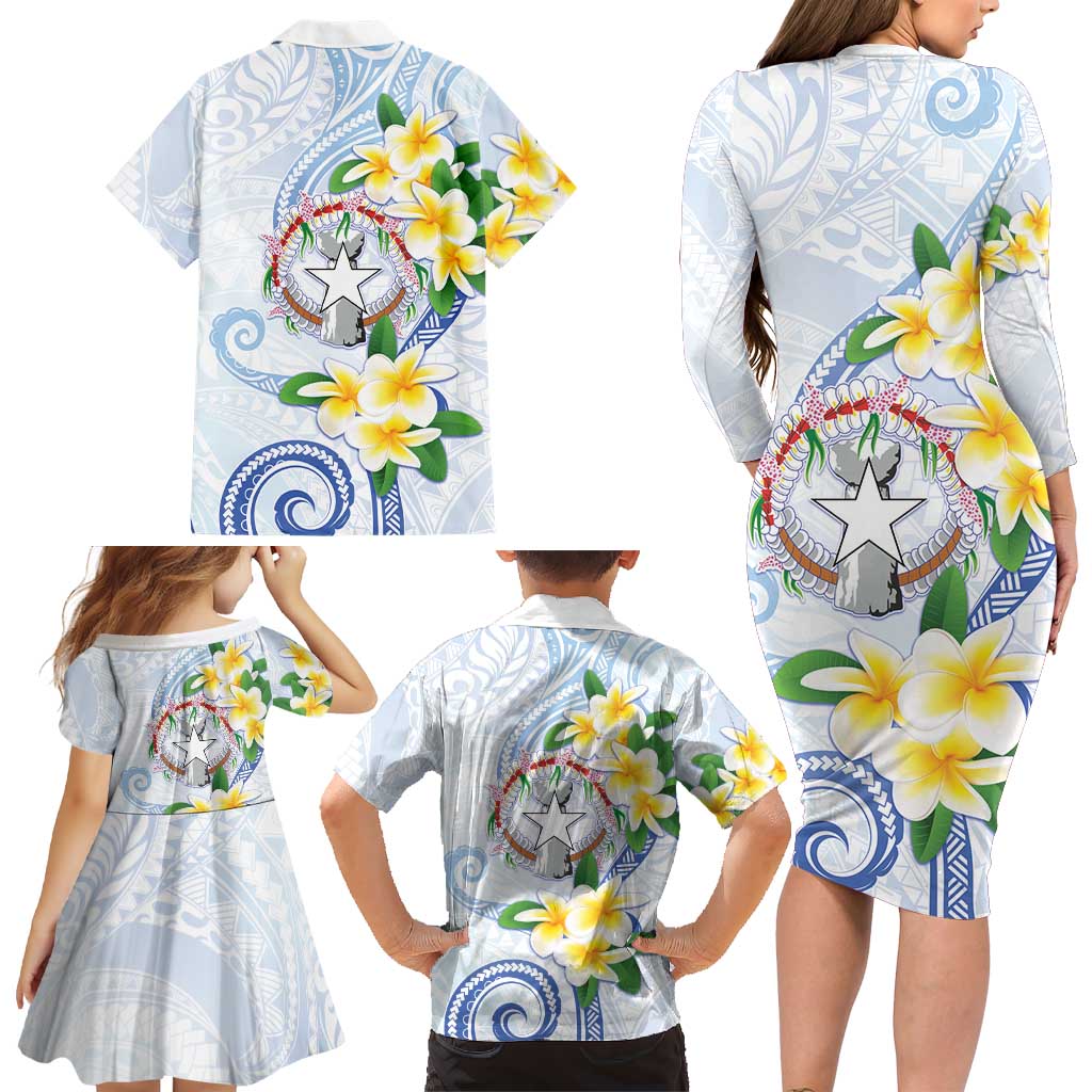 Northern Mariana Islands Chamorro Family Matching Long Sleeve Bodycon Dress and Hawaiian Shirt Plumeria Curves Style White Version LT05 - Polynesian Pride