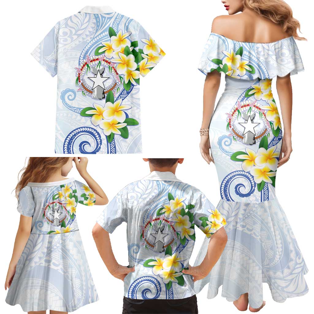 Northern Mariana Islands Chamorro Family Matching Mermaid Dress and Hawaiian Shirt Plumeria Curves Style White Version LT05 - Polynesian Pride