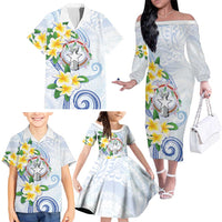 Northern Mariana Islands Chamorro Family Matching Off The Shoulder Long Sleeve Dress and Hawaiian Shirt Plumeria Curves Style White Version LT05 - Polynesian Pride