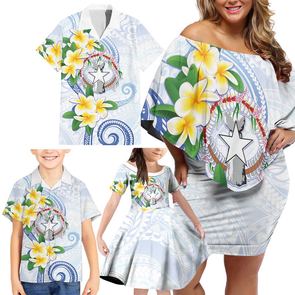 Northern Mariana Islands Chamorro Family Matching Off Shoulder Short Dress and Hawaiian Shirt Plumeria Curves Style White Version LT05 - Polynesian Pride
