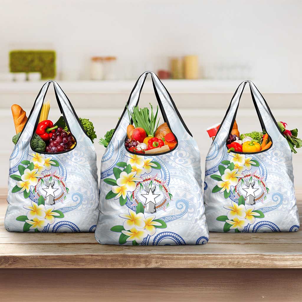 Northern Mariana Islands Chamorro Grocery Bag Plumeria Curves Style White Version