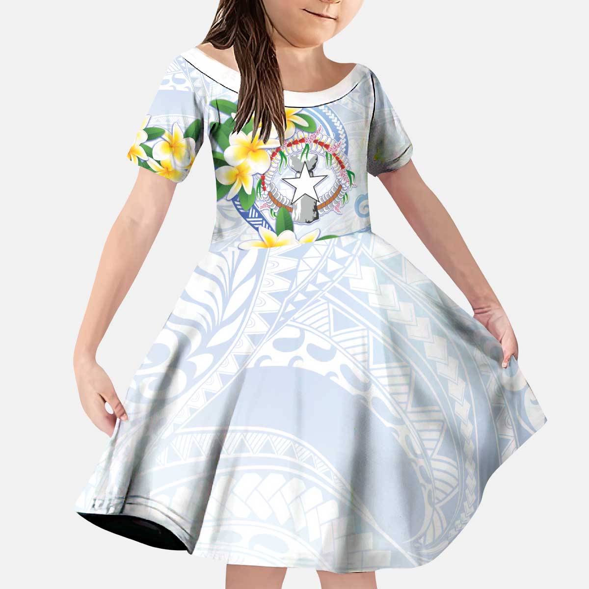 Northern Mariana Islands Chamorro Kid Short Sleeve Dress Plumeria Curves Style White Version