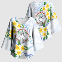 Northern Mariana Islands Chamorro Kimono Sleeve Blouse Plumeria Curves Style White Version