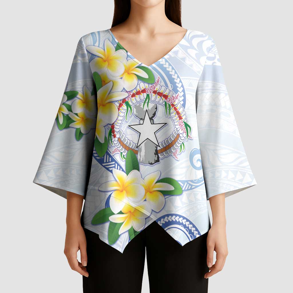 Northern Mariana Islands Chamorro Kimono Sleeve Blouse Plumeria Curves Style White Version