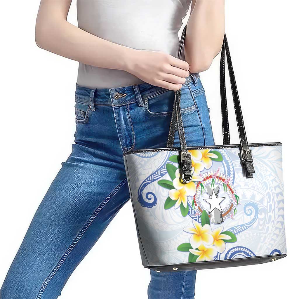 Northern Mariana Islands Chamorro Leather Tote Bag Plumeria Curves Style White Version