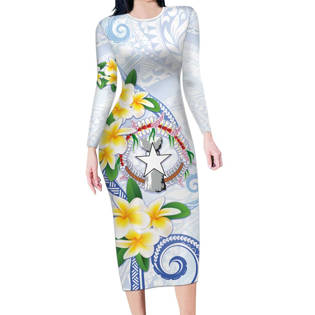 Northern Mariana Islands Chamorro Long Sleeve Bodycon Dress Plumeria Curves Style White Version