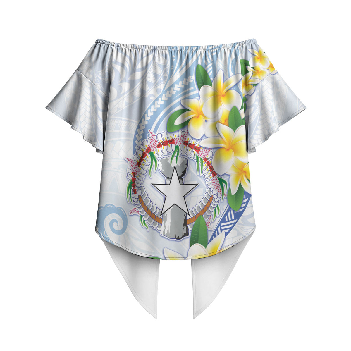 Northern Mariana Islands Chamorro Off Shoulder Wrap Waist Top Plumeria Curves Style White Version LT05 - Polynesian Pride