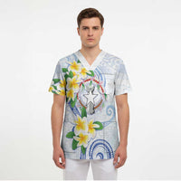 Northern Mariana Islands Chamorro Scrub Top Plumeria Curves Style White Version