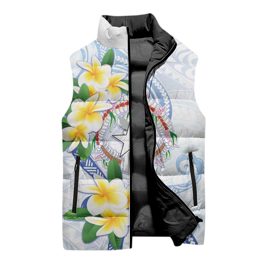 Northern Mariana Islands Chamorro Sleeveless Puffer Jacket Plumeria Curves Style White Version